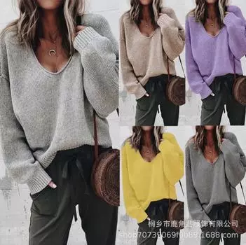 Новый женский свободный свитер с V-образным вырезом и длинными рукавами, вязаный базовый свитер S хаки