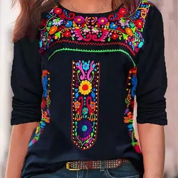 Новый женский топ на весну и лето, женская футболка оверсайз с V-образным вырезом и длинными рукавами в богемном стиле. S