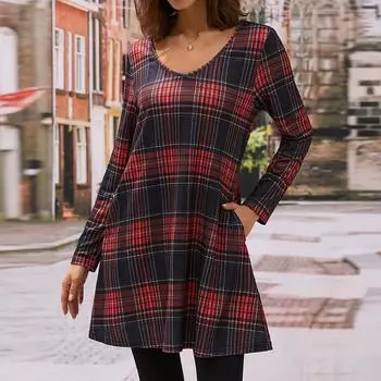 Новый женский топ с V-образным вырезом, обычными рукавами, клетчатым принтом, карманом и длинными рукавами XL красный