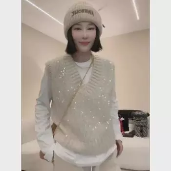 Новый женский трикотажный жилет-свитер с V-образным вырезом и пайетками - свободный, без рукавов, стиль весна/осень S (recommended 80-95 jin) кремовый/белый