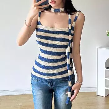Новый женский уличный модный полосатый сексуальный жилет без рукавов Slim Fit S синий