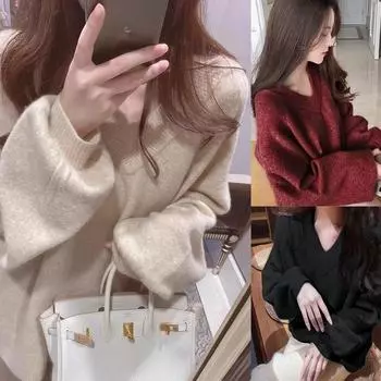 Новый женский V-образный вырез свободного покроя однотонный базовый кардиган женский осенний милый ленивый стиль с длинными рукавами базовая рубашка куртка One Size розовый