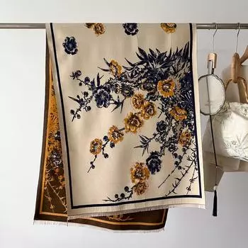 Новый женский винтажный шарф с цветочным принтом, осенне-зимний элегантный теплый шарф с кисточками, шаль, ветрозащитная накидка, пашмина, бандана, головные платки 66X186CM