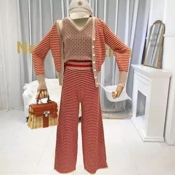 Новый женский вязаный полосатый кардиган, куртка, брюки, брюки, комплект из 3 предметов, вязаный свитер, костюмы One Size