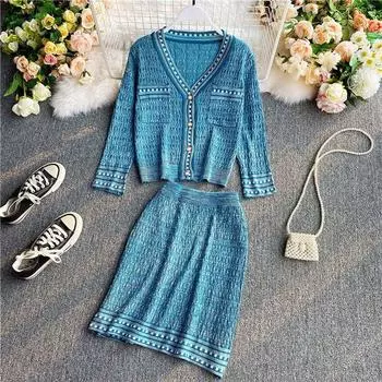 Новый женский вязаный свитер, костюм в стиле ретро, вязаный кардиган с v-образным вырезом, топ + мини-короткая юбка с высокой талией, модный женский комплект из двух предметов в стиле ретро One Size синий
