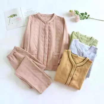 Новый женский зимний пижамный комплект из трех слоев хлопка с утолщенными длинными рукавами, комплект из двух предметов, простая домашняя обстановка M