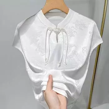 Новый жилет без рукавов в китайском стиле для женщин, носящих летний атласный жаккардовый топ с пряжкой в ретро-китайском стиле S белый