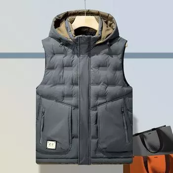 Новый жилет из хлопка с капюшоном, свободный, большой размер, теплая мужская зимняя куртка без рукавов, жилет L чёрный