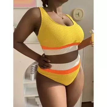 Новый жилет с разноцветной строчкой Fat MM, сексуальное бикини T416 0XL жёлтый