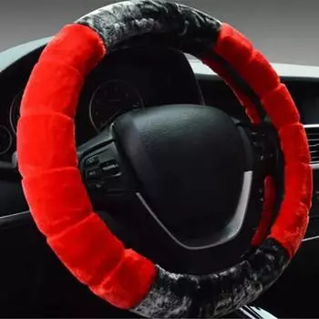 Новый Зимний 38см Универсальный Черно-Красный Плюшевый Пушистый Толстый Чехол на Руль Автомобиля