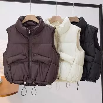 Новый зимний хлопковый жилет для женщин, воротник-стойка, короткий жилет, теплый жилет для невысоких людей, модный хлопковый жилет M серый