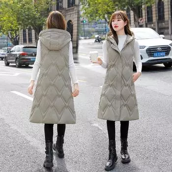 Новый зимний хлопковый жилет средней длины, женский модный тонкий однотонный хлебный костюм, свободный жилет с капюшоном L чёрный