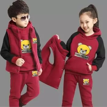 Новый зимний комплект для мальчиков и девочек, детские спортивные толстые флисовые толстовки + брюки + жилет, комплекты из 3 предметов, детская одежда, кофты для мальчиков, повседневные костюмы 120 красный