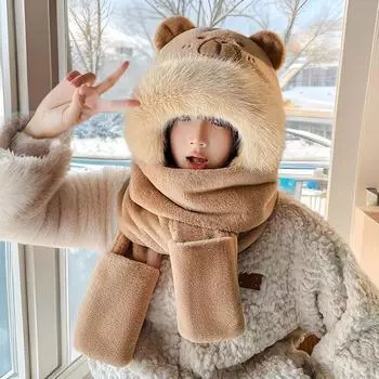 Новый зимний комплект из шапки и шарфа Capybara — толстый, теплый, ветрозащитный, плюшевый 3-в-1 для езды на велосипеде Gloves with Capilla