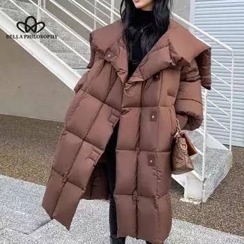 Новый зимний корейский повседневный теплый пуховик на утином пуху, длинный дизайн, однотонная шаль, белое пальто на утином пуху S чёрный