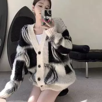 Новый зимний корейский винтажный кардиган, женский свитер с v-образным вырезом и напуском, стильный дизайн, вязаный кардиган премиум-класса, женский One Size чёрный