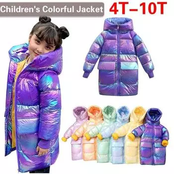 Новый зимний красочный пуховик для девочек, детский толстый теплый пуховик средней длины 110cm розовый
