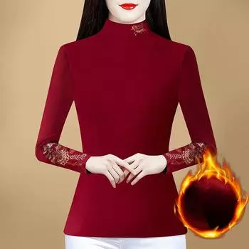 Новый зимний повседневный пуловер с длинными рукавами, базовая футболка для женщин, полувысокий ворот с вышивкой, топ для мам среднего возраста M чёрный