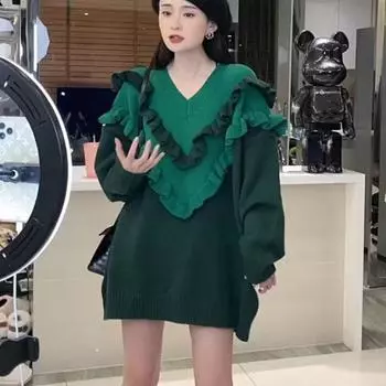 Новый зимний рождественский свитер, пуловер с рюшами и контрастными краями, свитер с v-образным вырезом, женский свитер средней длины, свободный свитер с длинными рукавами, женский топ One Size зелёный