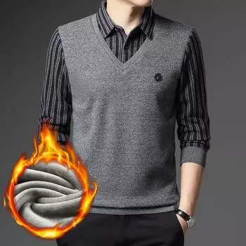 Новый зимний свитер для мужчин с толстыми лацканами и флисом, поддельные два кардигана в полоску для папы M