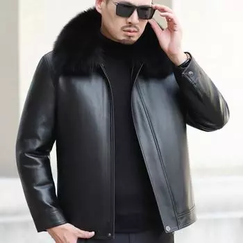 Новый зимний утепленный кожаный пуховик, мужская куртка из натуральной кожи, куртка из овчины с воротником из лисьего меха 170/M