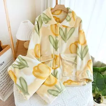 Новый зимний утепленный женский пижамный комплект из двух предметов, фланель, брюки с длинными рукавами, простые маленькие цветы, милый домашний M