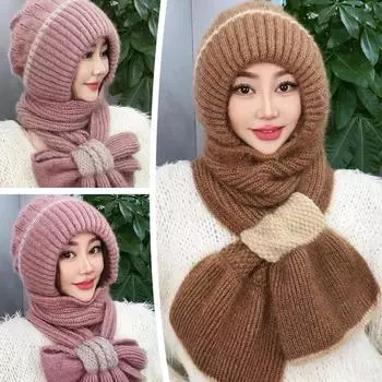 Новый зимний вязаный комплект шапка шарф Skullies защита ушей утолщенная шапка с капюшоном теплая женская Sk N0X4 Oatmeal-One size