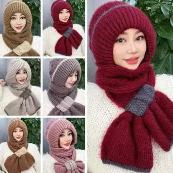Новый зимний вязаный комплект шапка-шарф Skullies, утепленная шапка-бини, теплая шапка-шарф H6X6 Oatmeal-One size
