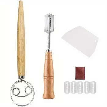 Нож для хлеба с деревянной ручкой, инструмент для резки хлеба с 5 лезвиями, кожаный чехол, изогнутый нож для надреза теста, инструмент для выпечки