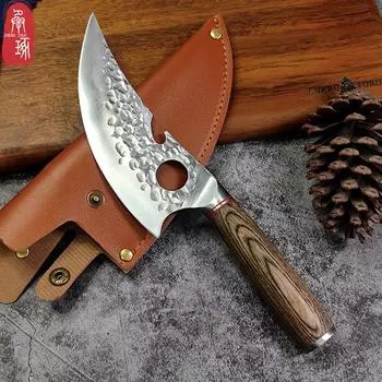 Нож для обвалки из нержавеющей стали, уличный нож с деревянной ручкой, многофункциональный удобный бытовой кухонный нож, ковочное кольцо, удобное ощущение 1pcs with cover