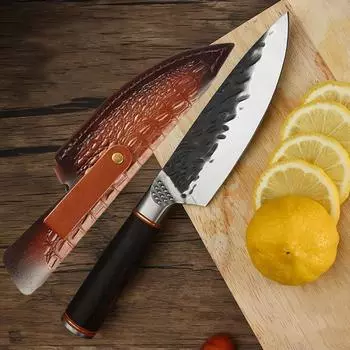 Нож для очистки овощей из высокоуглеродистой стали, кованая сталь, мясницкий кухонный нож, нож для разделки мяса, кожаный чехол