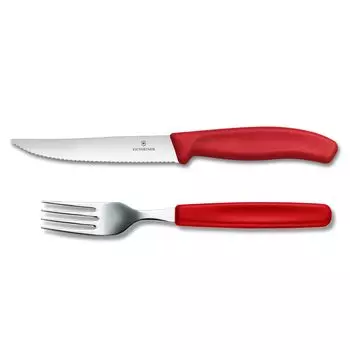 Нож для пиццы и стейка VICTORINOX, вилка, нож Swiss Classic с волнистым лезвием, захватывающим пищу до конца, что облегчает нарезку. Можно мыть в посудомоечной машине. Набор, набор, красный, красный