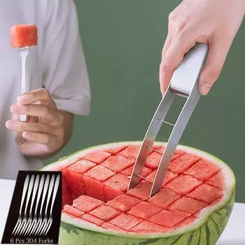 Нож для резки арбуза, резак для кубиков арбуза из нержавеющей стали с 6 вилками, нож для арбуза, ножи для фруктов, резак для салата и дыни для кухонного гаджета Watermelon Fork