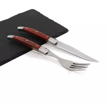 Нож для стейка из нержавеющей стали, вилка, столовые приборы Laguiole, столовые приборы из красного дерева, ножи для стейка, вилки с ручкой из цельного дерева, набор столовых приборов 2–6 предметов