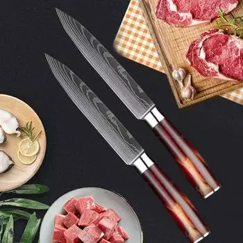 Нож для стейка, кухонный нож в западном стиле из нержавеющей стали, нож для фруктов с деревянной ручкой, японский нож для нарезки мяса в дамасском стиле красный