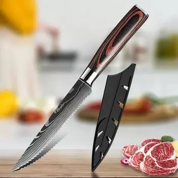 Нож для стейка в западном стиле, нож для разделки из нержавеющей стали с зазубринами и узором в дамасской стали, многофункциональный нож для ресторана, поварской нож 1pcs