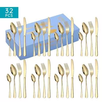 Нож для стейка, вилка и ложка из нержавеющей стали. Набор посуды из 32 предметов. Костюм в западном стиле. Посуда на 8 персон.