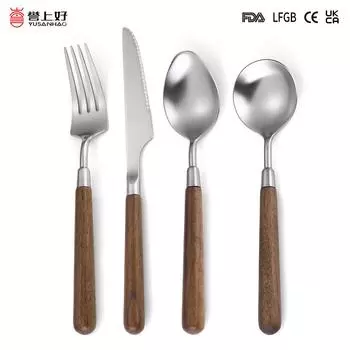 Нож и вилка из розового дерева 304, ложка с деревянной ручкой, набор столовых приборов из нержавеющей стали, 4 предмета, ложка, нож и вилка YSH-31-4PS серебряный