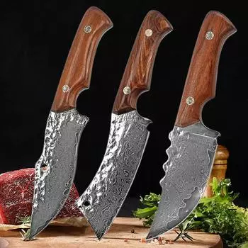 Нож из дамасской стали, кованый острый, мясницкий тесак, кухонные ножи, острые и прочные, легко чистить, ручка из цельного дерева, не подверженная ржавчине