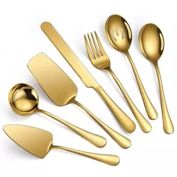 Нож из нержавеющей стали 12 дюймов, вилка и ложка, столовые приборы, лопаточка для торта, гостиничные принадлежности, золотистая, серебряная общественная ложка, набор из 7 предметов золотой