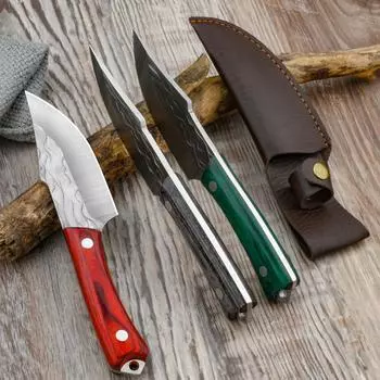 Нож из нержавеющей стали для разделки мяса, нарезки, разделки мяса, с деревянной ручкой, для барбекю, рыбалки, портативный туристический нож красный