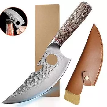 Нож мясника из нержавеющей стали Тесак для мяса Кованый нож для обвалки Цветная деревянная ручка Нож для нарезки Кольцо Штопор