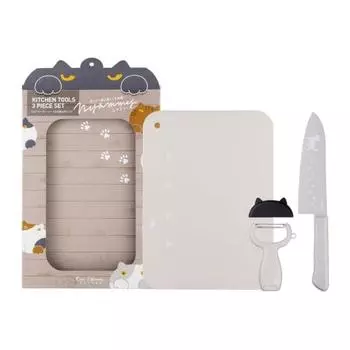 Нож сантоку Kai Brand KAI Cat, 165 мм, мягкая разделочная доска, чехол в форме кошачьего уха с овощечисткой, набор из 3 предметов, Nyammy Haineko, теплый серый, сделано в Японии RC5