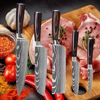 Нож шеф-повара из нержавеющей стали 7Cr17mov с лазерной резкой Damascus, набор ножей для фруктов, острый нож для отделения костей, нож для овощей 5Pcs knife set