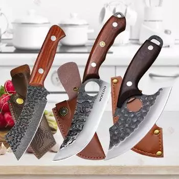 Нож шеф-повара из нержавеющей стали, кухонный нож для обвалки мяса, ручной ковки, мясницкий нож-тесак, многофункциональный нож для барбекю с ножнами