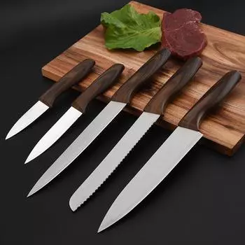 Нож шеф-повара из нержавеющей стали, нож с деревянной ручкой, нож для нарезки фруктов и овощей, нож для нарезки ломтиков 5pcs