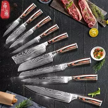 Нож шеф-повара с лазерным зернением из нержавеющей стали, цветная деревянная ручка, имитация дамасского кухонного ножа, японский нож для резки костей сантоку, нож для фруктов, хлеба 11.6cm Vegetable Fruit Knife