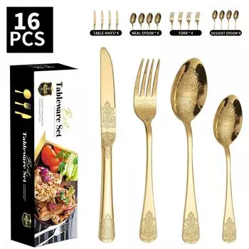 Нож, вилка и ложка из нержавеющей стали с утолщенным узором. Посуда. 430. Двуглавый нож, вилка и ложка с узором, набор из 24 предметов. A