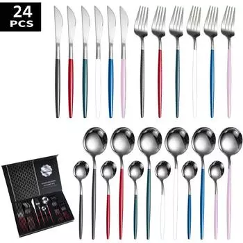 Нож, вилка и ложка из нержавеющей стали, набор из 24 предметов, аэрозольная краска, набор посуды, плоская посуда в западном стиле, подарочная коробка