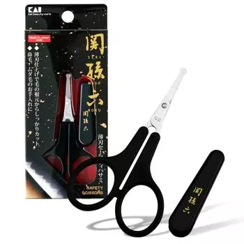 Ножницы для удаления нежелательных волос в носу Kai Seki Magoroku с круглым кончиком и колпачком для бровей, сделано в Японии HC3539 чёрный